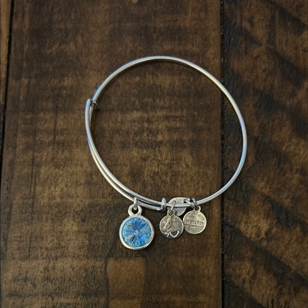 Alex and Ani- March Birthstone Silver Charm Bracelet with Blue Stone